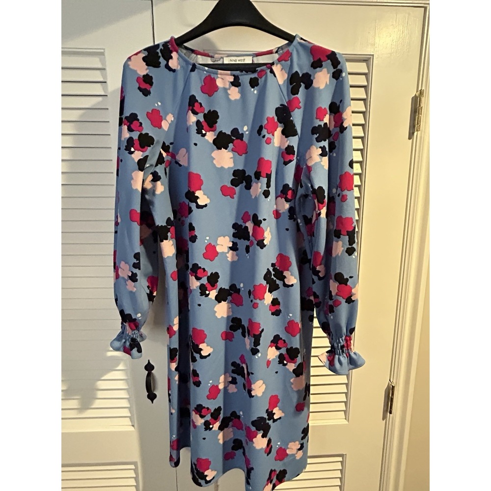 Nine West Women's Dress Large Blue Floral Retro